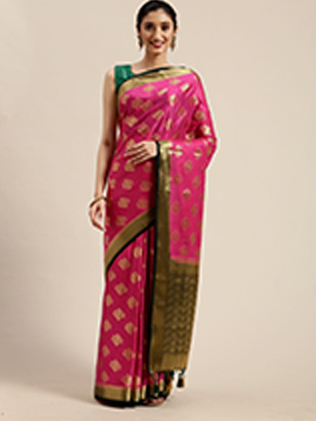 

MIMOSA Pink & Green Ethnic Motifs Zari Mysore Silk Saree