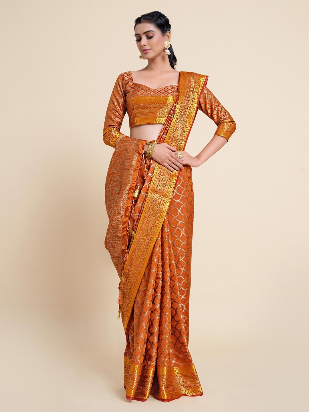 

MIMOSA Rust & Gold-Toned Ethnic Motifs Zari Art Silk Kanjeevaram Saree