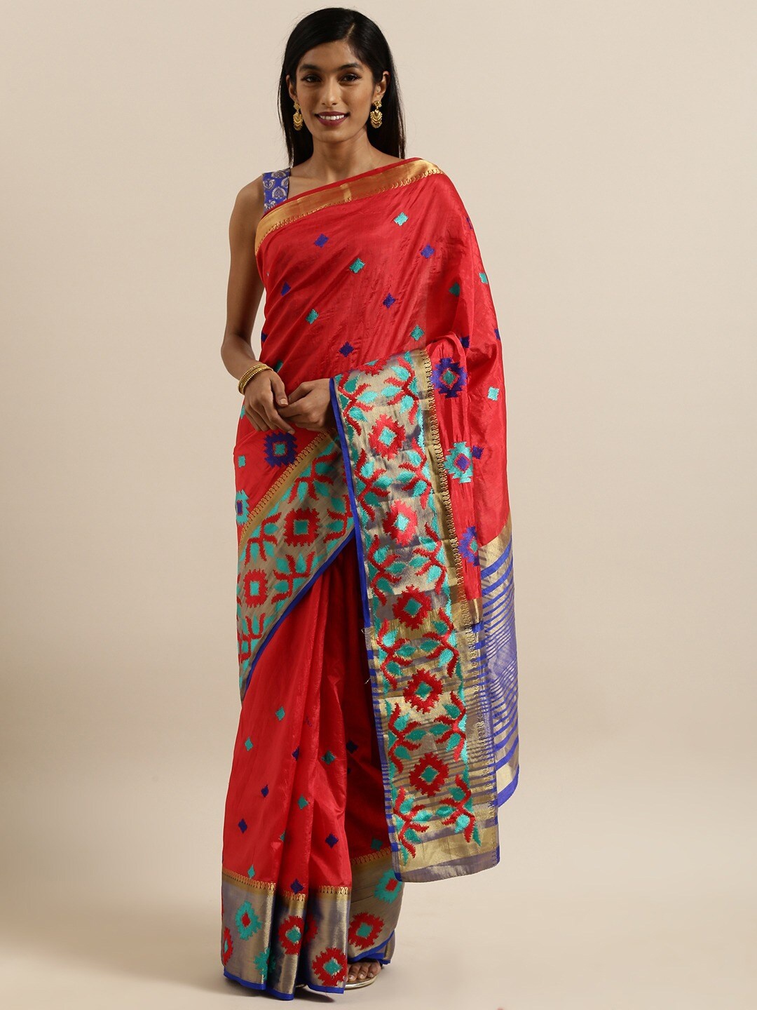 

MIMOSA Red & Blue Ethnic Motifs Zari Art Silk Kanjeevaram Saree