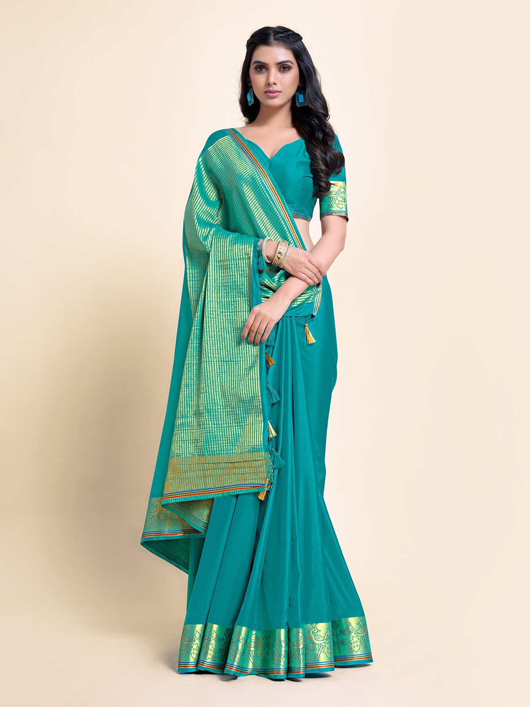

MIMOSA Turquoise Blue & Gold-Toned Zari Mysore Silk Saree