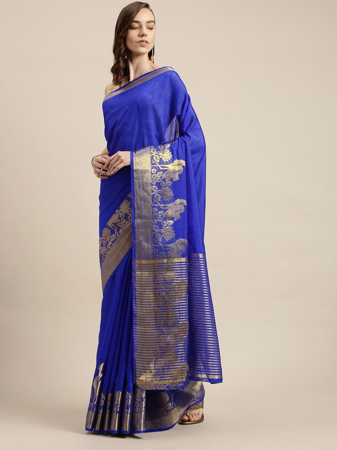 

MIMOSA Blue & Gold-Toned Ethnic Motifs Zari Art Silk Kanjeevaram Saree