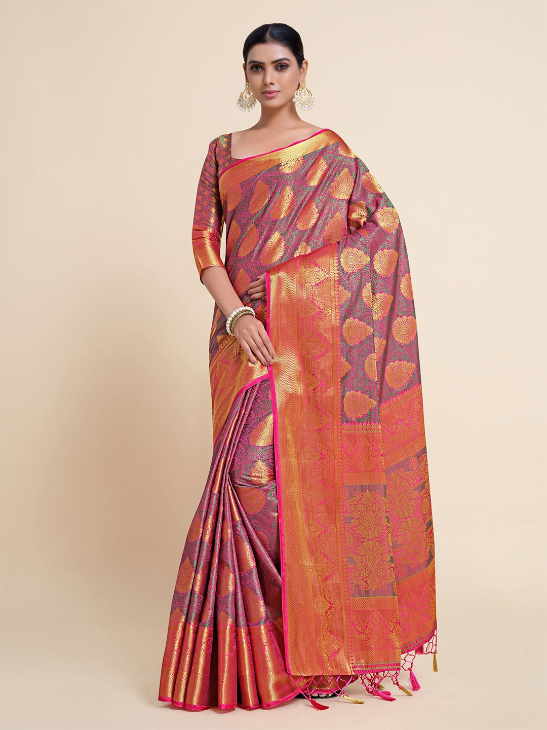 

MIMOSA Pink & Green Ethnic Motifs Zari Art Silk Kanjeevaram Saree