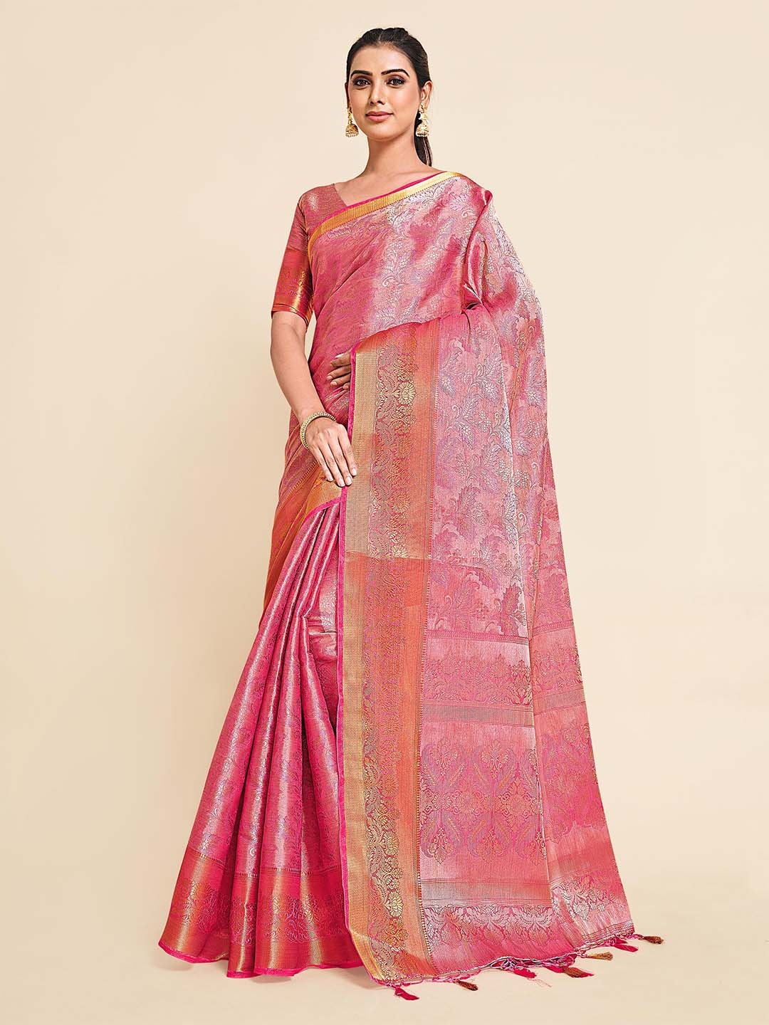 

MIMOSA Pink & Orange Floral Zari Art Silk Kanjeevaram Saree