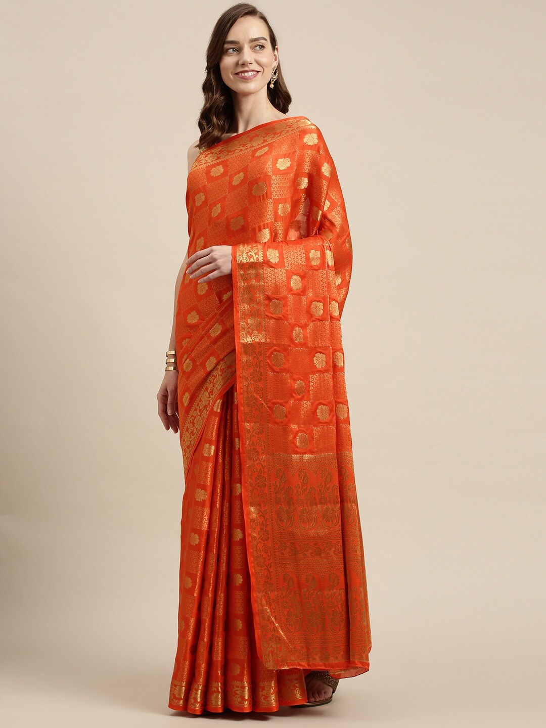 

MIMOSA Orange & Gold-Toned Floral Zari Kanjeevaram Saree