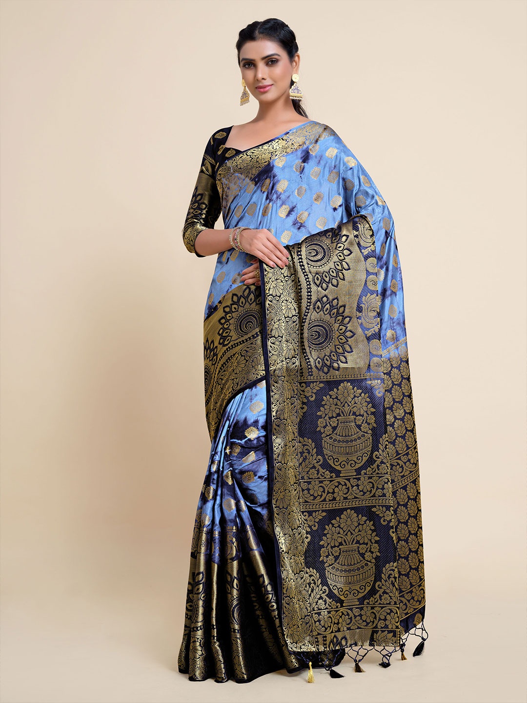 

MIMOSA Navy Blue & Gold-Toned Ethnic Motifs Zari Art Silk Banarasi Saree