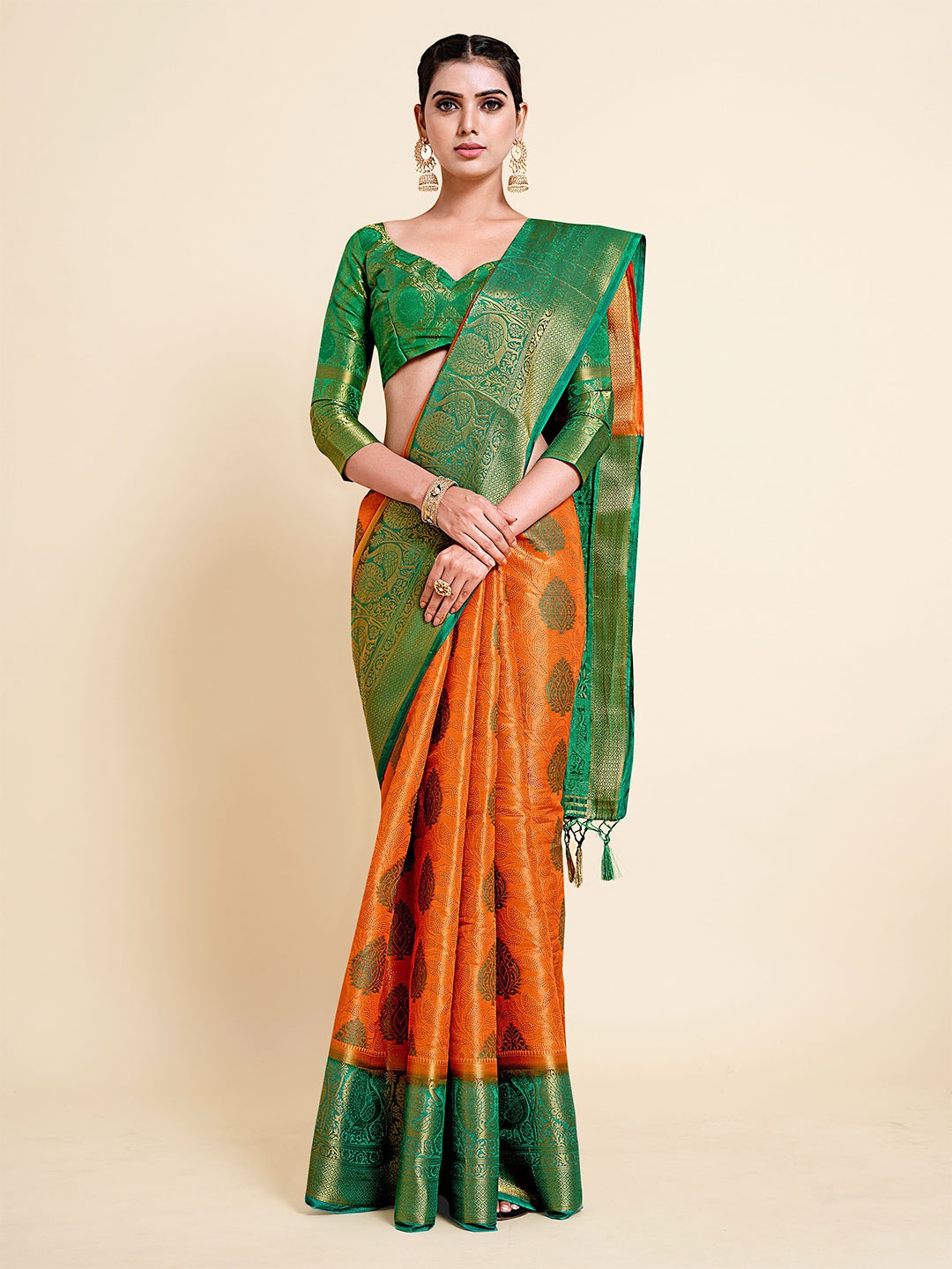 

MIMOSA Orange & Green Ethnic Motifs Zari Art Silk Kanjeevaram Saree