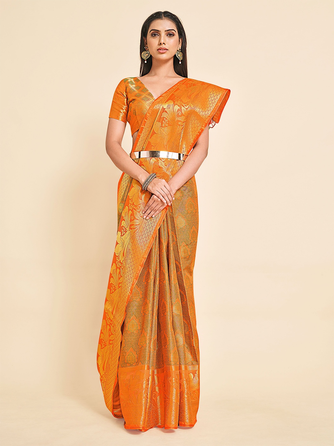 

MIMOSA Orange & Gold-Toned Ethnic Motifs Zari Art Silk Kanjeevaram Saree