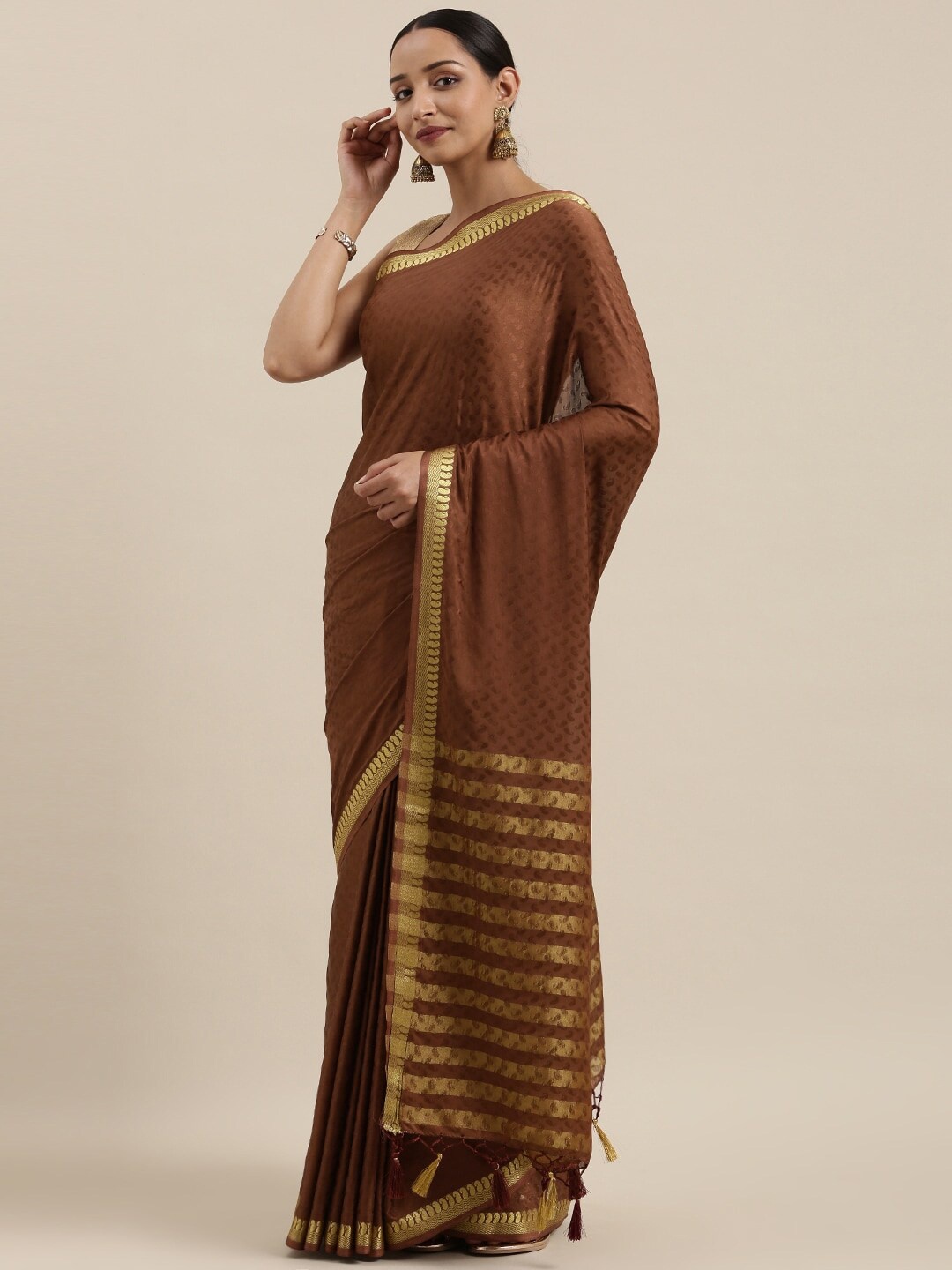 

MIMOSA Brown & Gold-Toned Paisley Zari Mysore Silk Saree