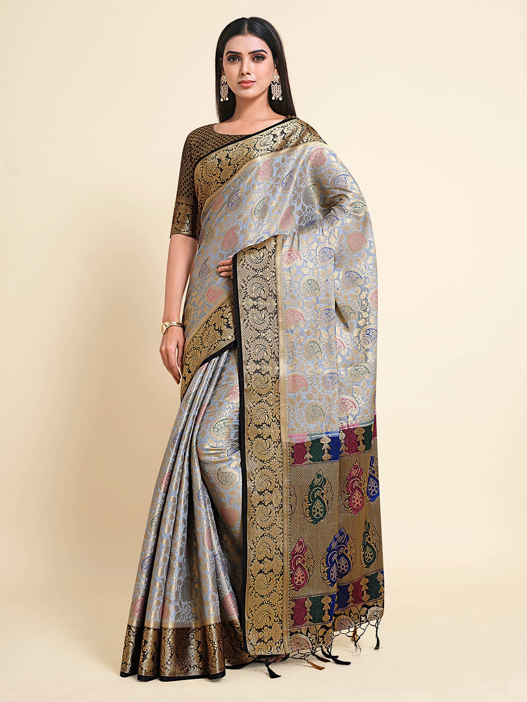 

MIMOSA Grey & Black Ethnic Motifs Zari Art Silk Kanjeevaram Saree