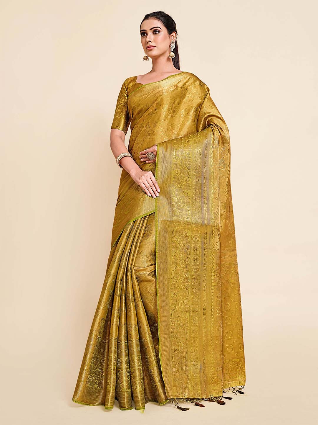 

MIMOSA Yellow & Gold-Toned Floral Zari Art Silk Kanjeevaram Saree
