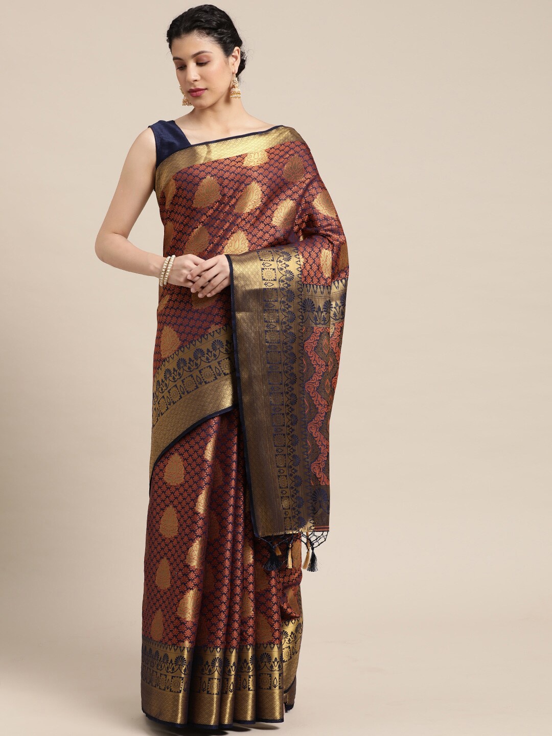 

MIMOSA Navy Blue & Gold-Toned Ethnic Motifs Zari Art Silk Kanjeevaram Saree