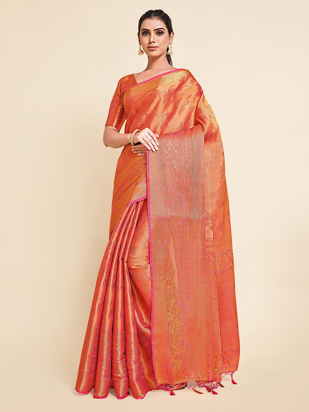 

MIMOSA Pink & Gold-Toned Woven Design Zari Art Silk Kanjeevaram Saree