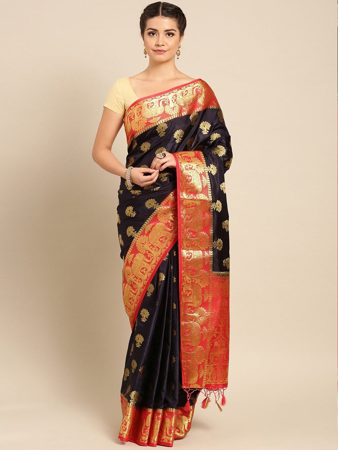 

MIMOSA Navy Blue & Red Woven Design Zari Art Silk Kanjeevaram Saree