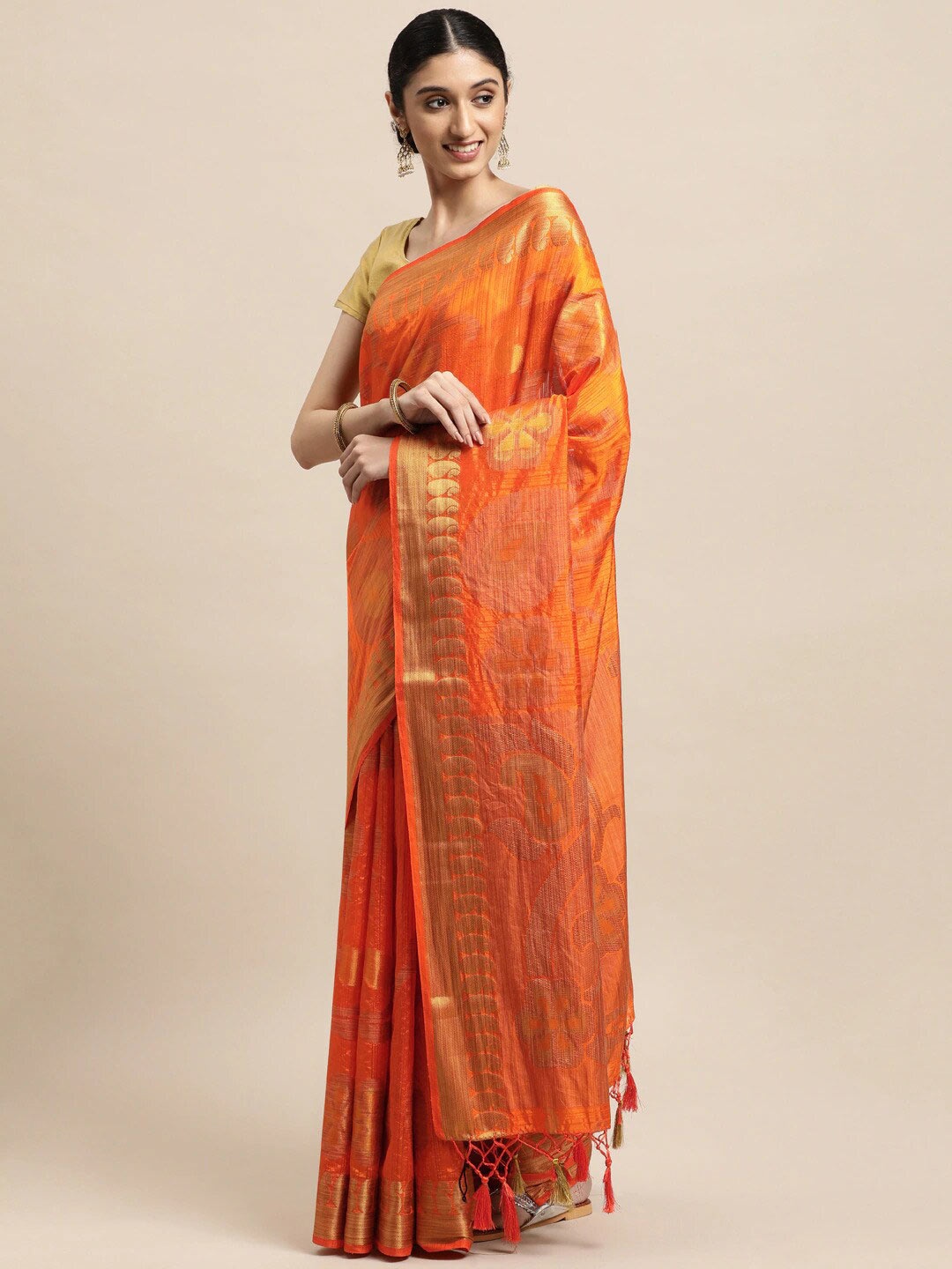 

MIMOSA Orange & Gold-Toned Woven Design Zari Art Silk Kanjeevaram Saree