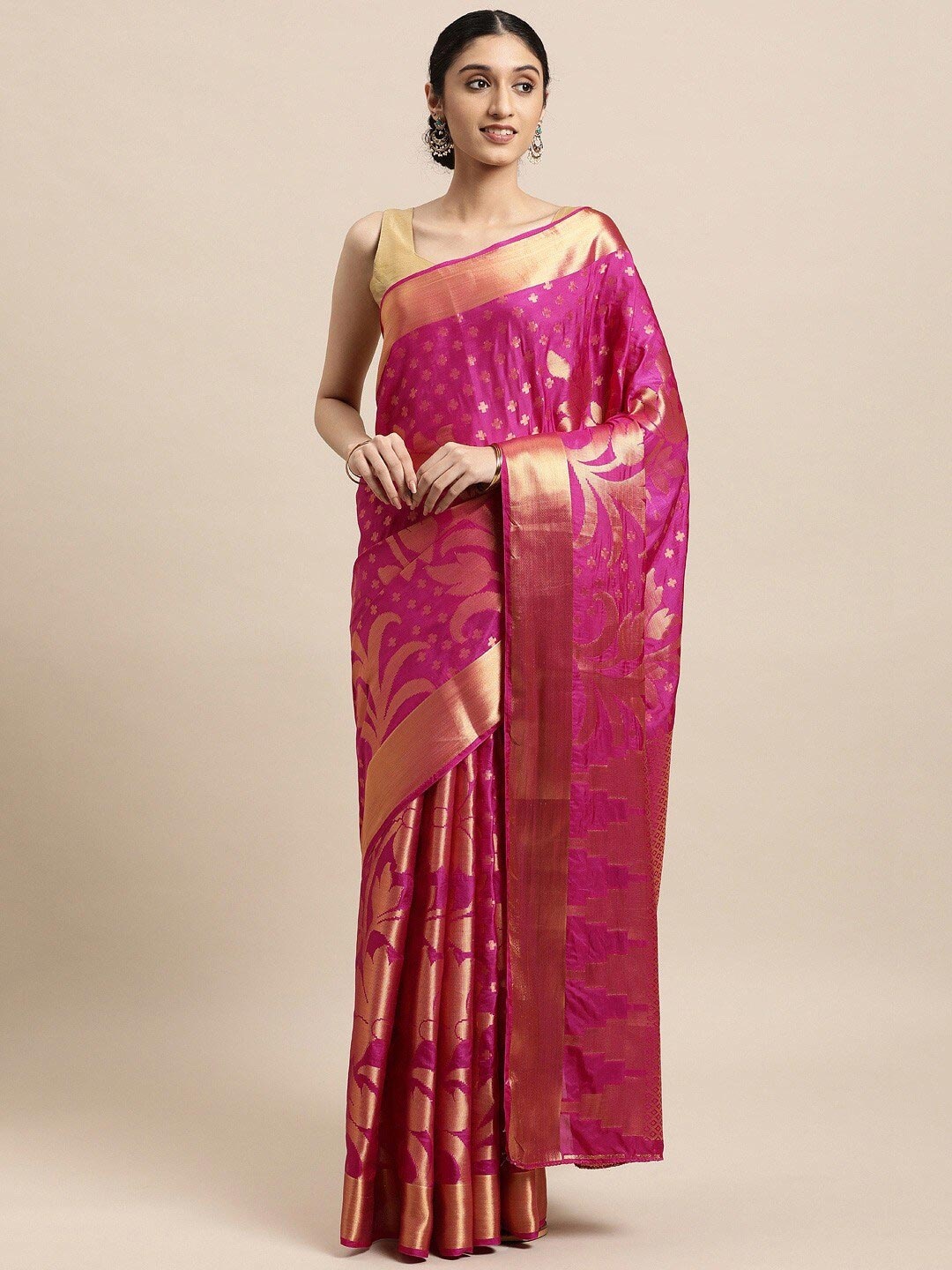 

MIMOSA Pink & Gold-Toned Woven Design Zari Art Silk Kanjeevaram Saree
