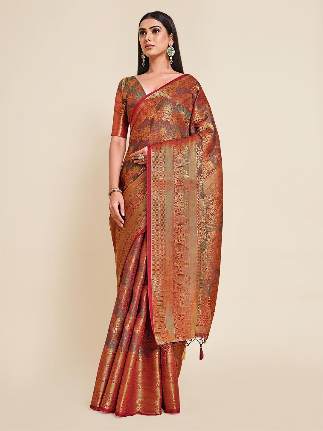 

MIMOSA Maroon & Gold-Toned Woven Design Zari Art Silk Kanjeevaram Saree