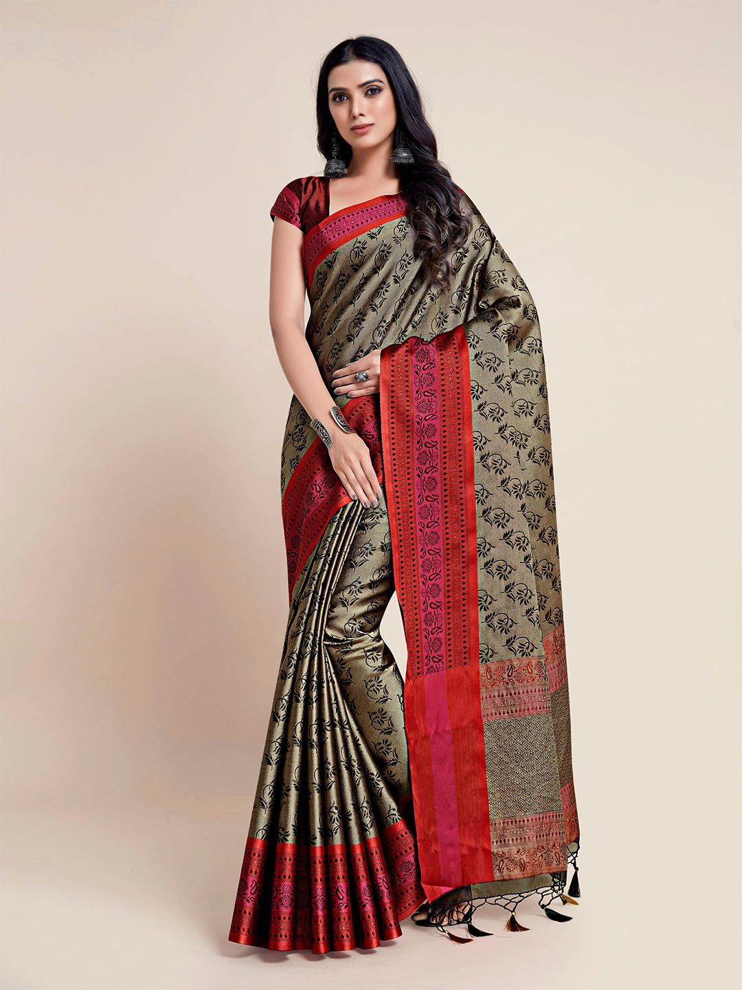 

MIMOSA Black & Red Floral Zari Art Silk Banarasi Saree