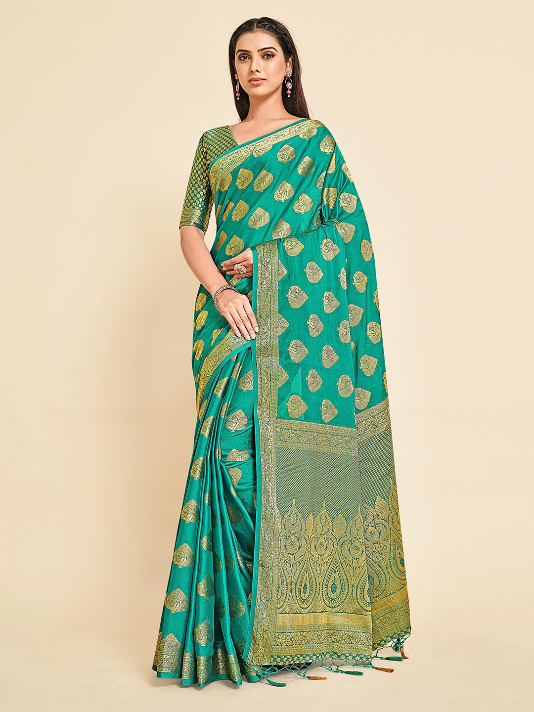 

MIMOSA Green & Gold-Toned Ethnic Motifs Zari Mysore Silk Saree