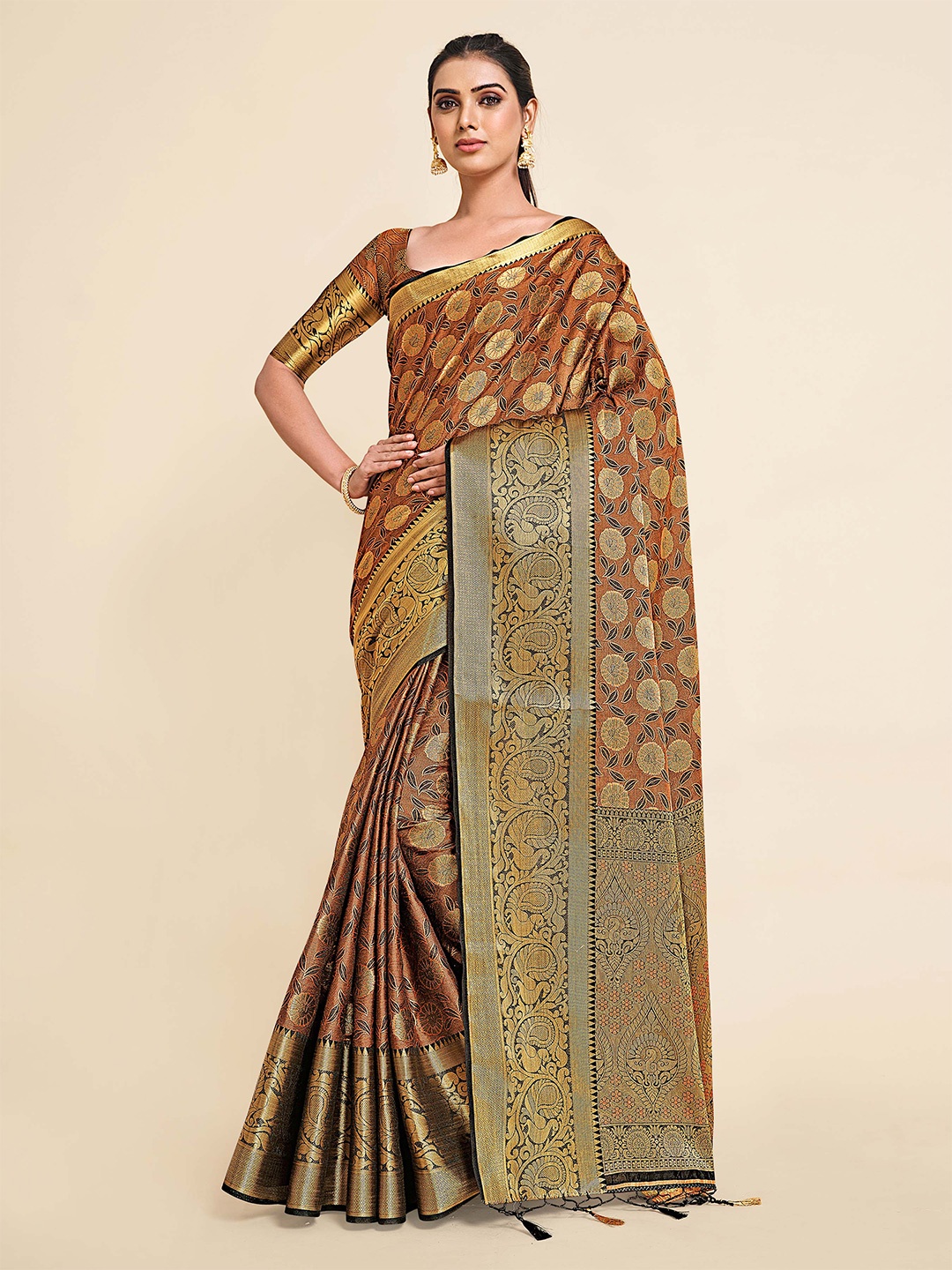 

MIMOSA Brown & Green Ethnic Motifs Zari Art Silk Kanjeevaram Saree