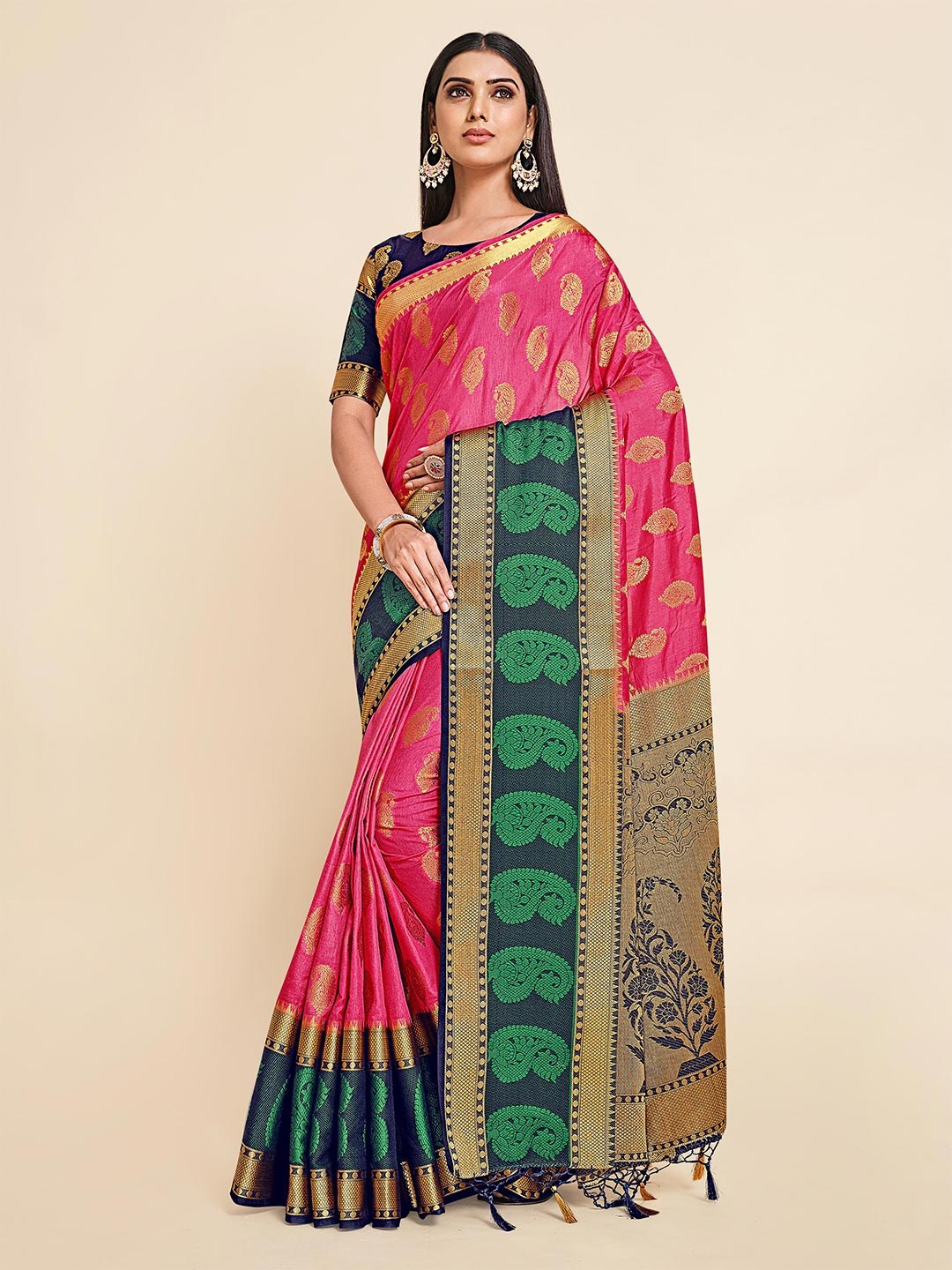 

MIMOSA Pink & Green Paisley Zari Art Silk Kanjeevaram Saree