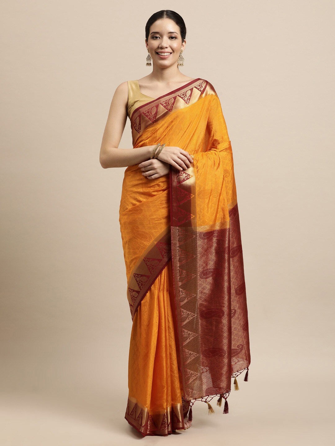 

MIMOSA Mustard & Maroon Woven Design Zari Art Silk Kanjeevaram Saree