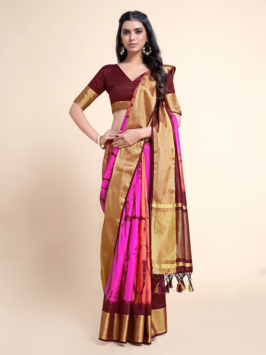 

MIMOSA Pink & Maroon Tie and Dye Zari Art Silk Banarasi Saree