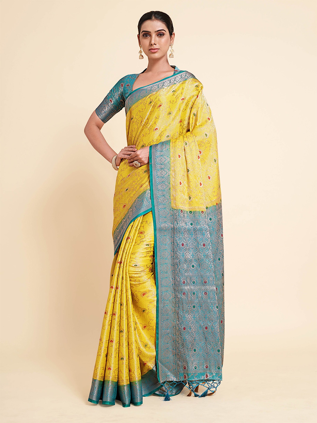 

MIMOSA Yellow & Blue Ethnic Motifs Art Silk Kanjeevaram Saree