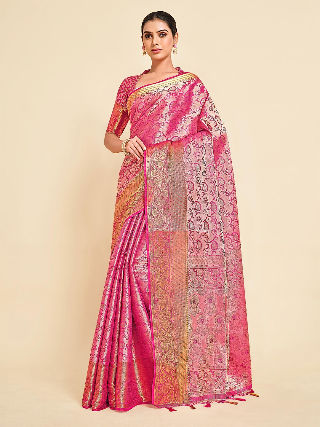 

MIMOSA Pink & Silver-Toned Floral Art Silk Kanjeevaram Saree