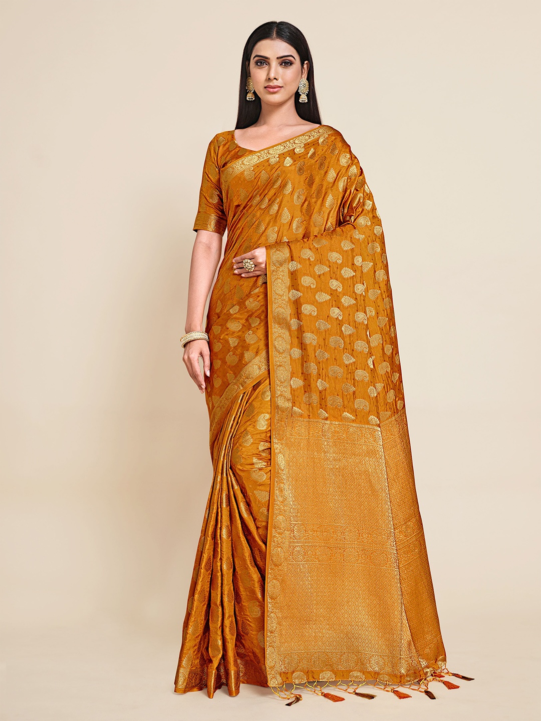 

MIMOSA Mustard & Gold-Toned Ethnic Motifs Art Silk Kanjeevaram Saree