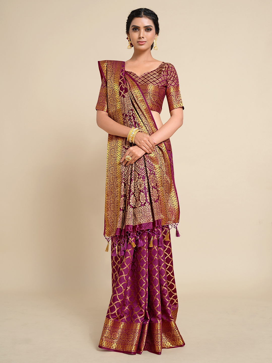 

MIMOSA Purple & Gold-Toned Floral Art Silk Kanjeevaram Saree