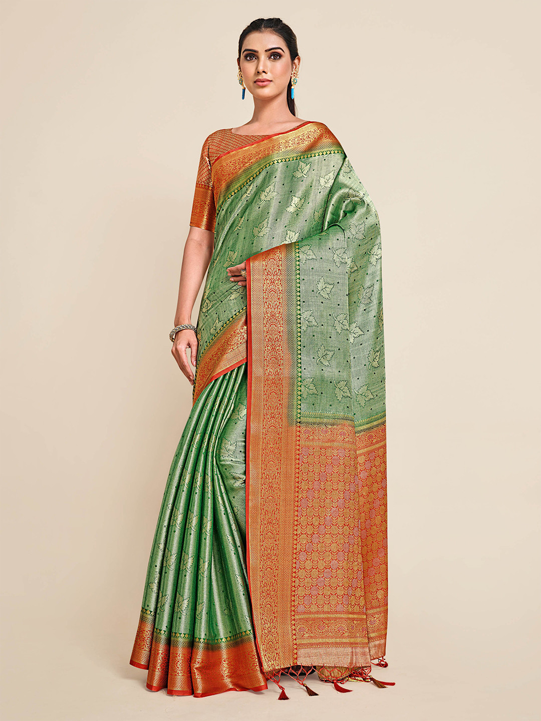 

MIMOSA Green & Red Ethnic Motifs Zari Art Silk Kanjeevaram Saree