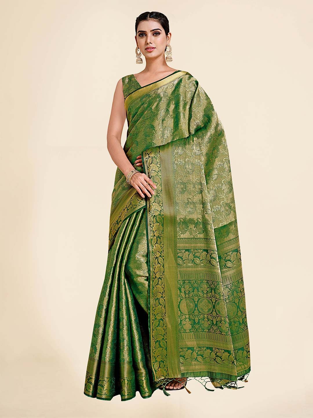 

MIMOSA Olive Green & Gold-Toned Floral Art Silk Kanjeevaram Saree