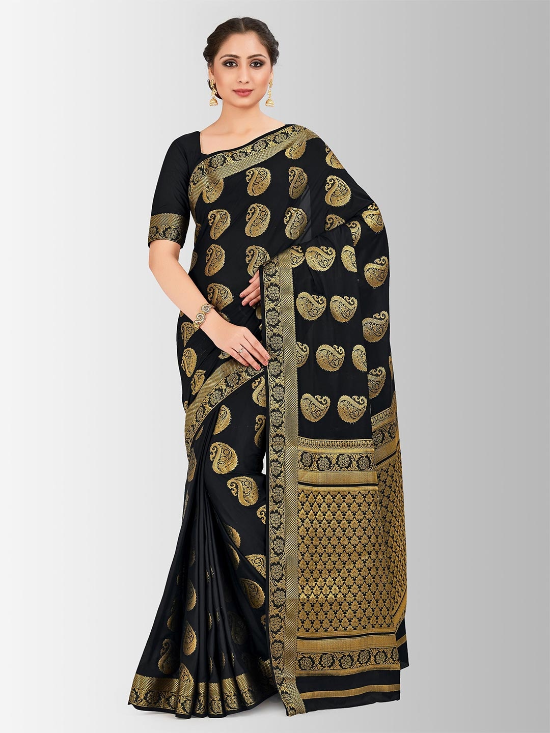 

MIMOSA Black & Gold-Toned Ethnic Motifs Zari Mysore Silk Saree