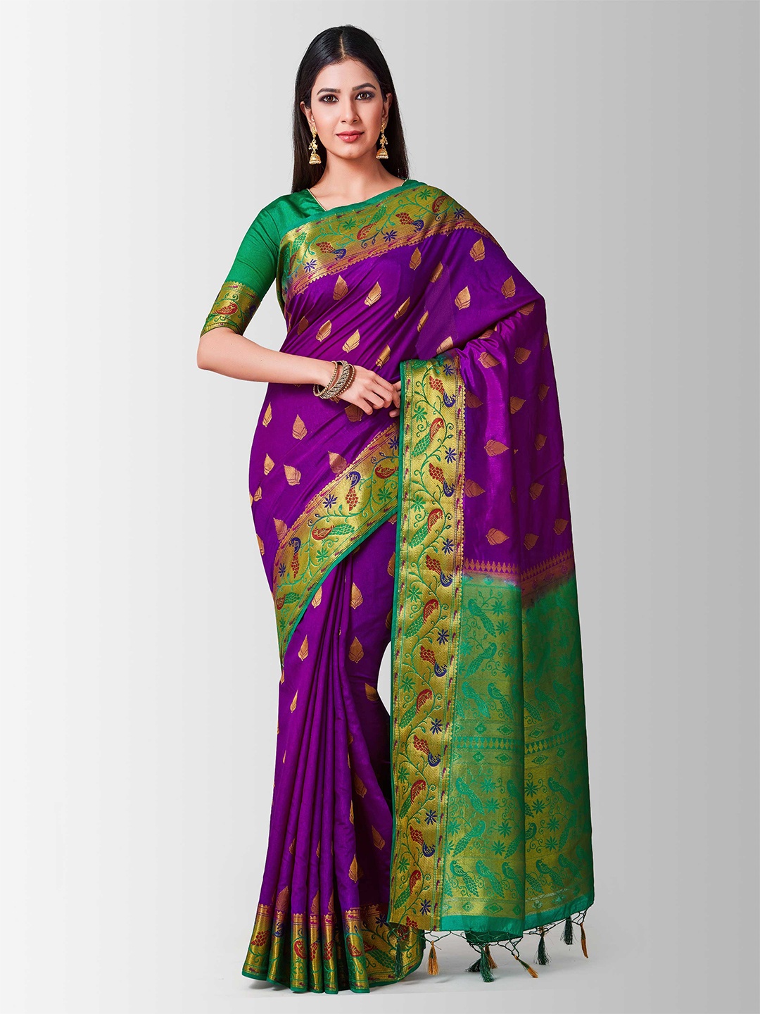 

MIMOSA Purple & Green Ethnic Motifs Zari Art Silk Kanjeevaram Saree