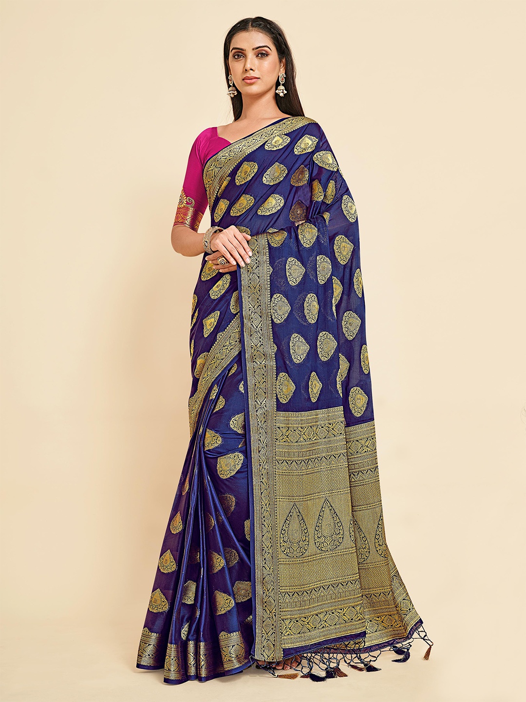 

MIMOSA Navy Blue & Pink Ethnic Motifs Mysore Silk Saree