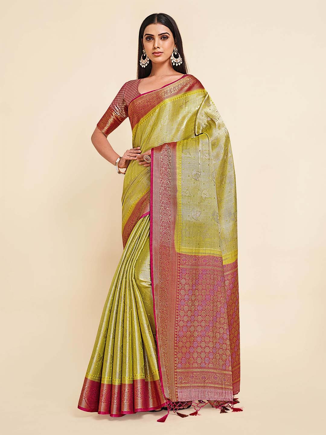 

MIMOSA Lime Green & Pink Ethnic Motifs Art Silk Kanjeevaram Saree