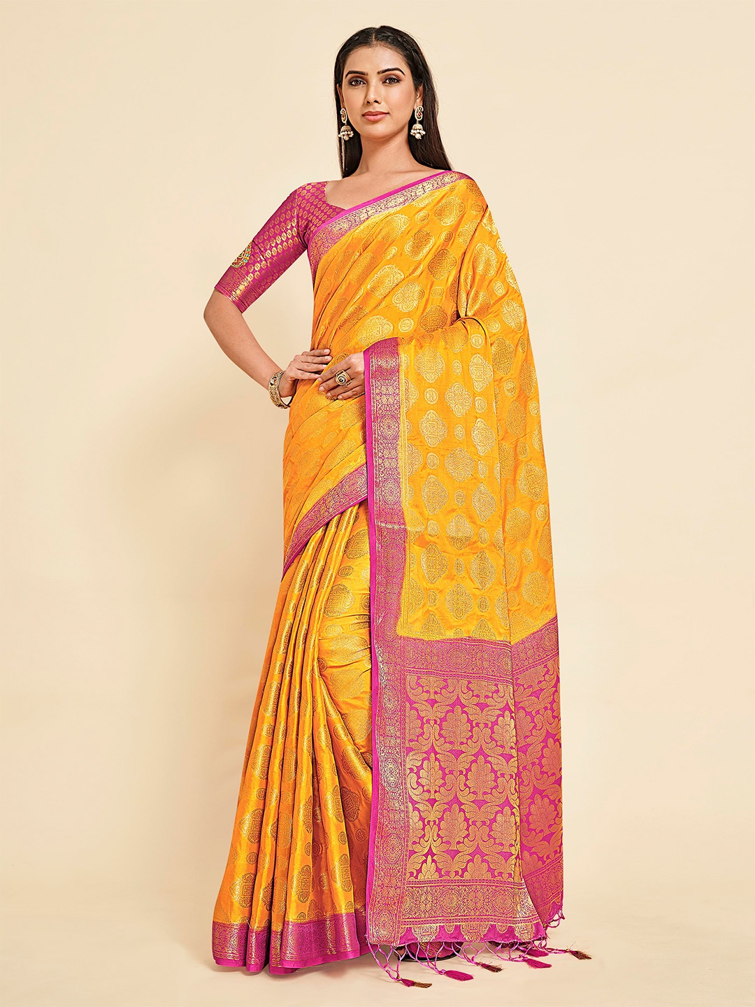 

MIMOSA Yellow & Rose Ethnic Motifs Mysore Silk Saree