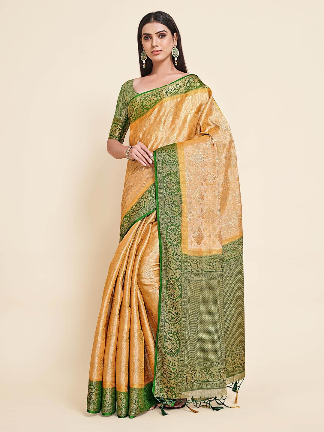 

MIMOSA Mustard & Green Ethnic Motifs Zari Art Silk Kanjeevaram Saree