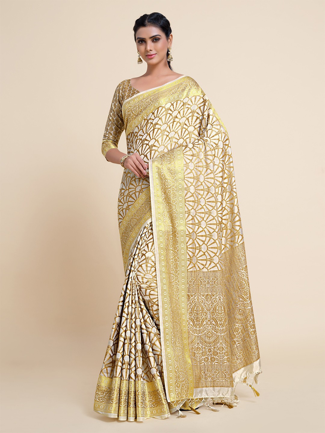 

MIMOSA Off White & Gold-Toned Ethnic Motifs Zari Art Silk Kanjeevaram Saree