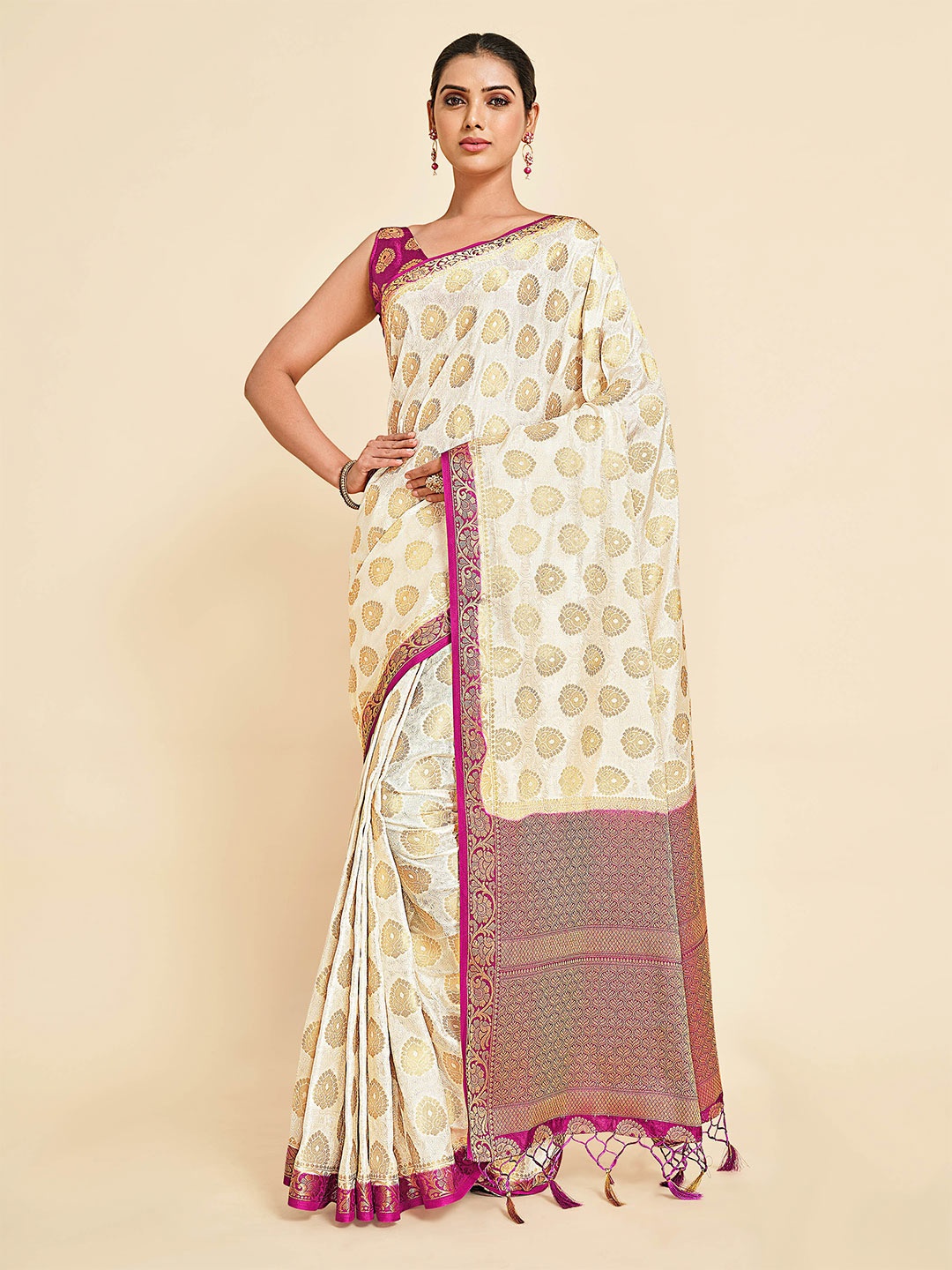 

MIMOSA White & Pink Ethnic Motifs Zari Art Silk Kanjeevaram Saree