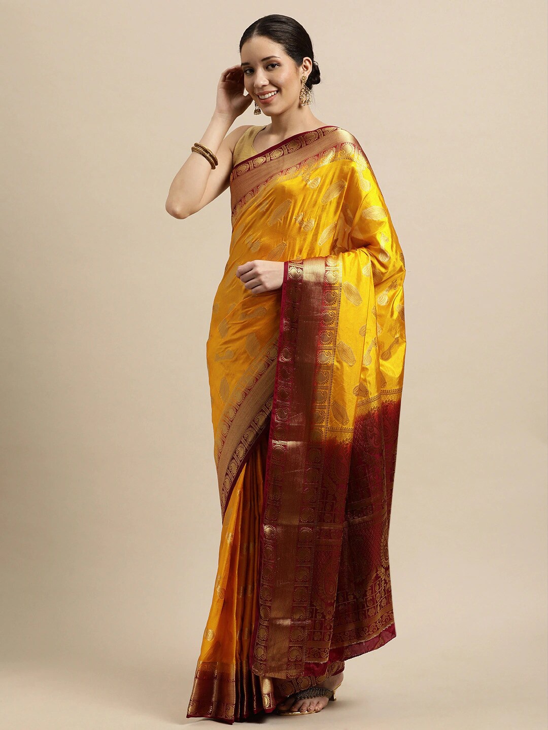

MIMOSA Mustard & Red Ethnic Motifs Zari Art Silk Kanjeevaram Saree