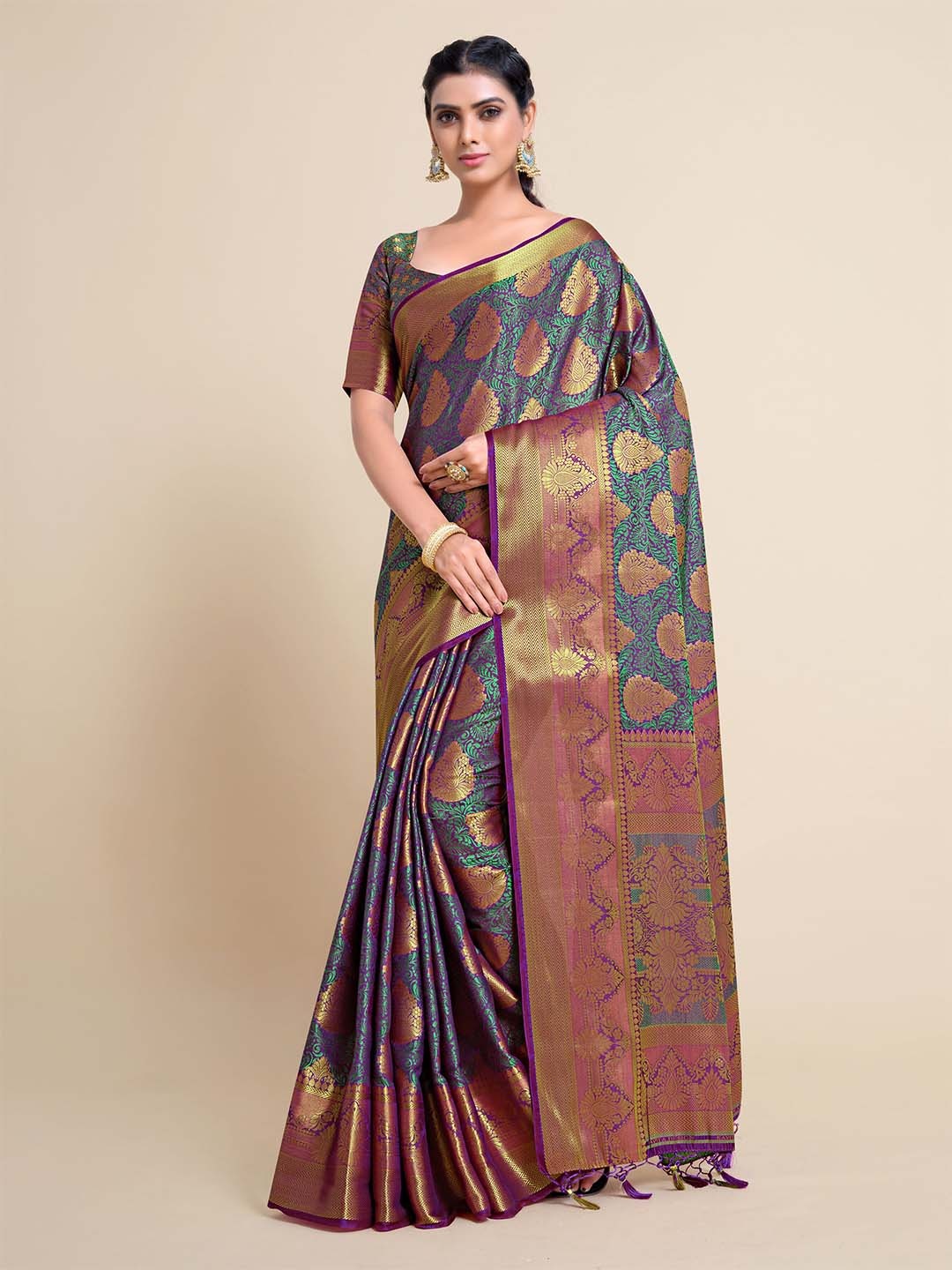 

MIMOSA Purple & Gold-Toned Ethnic Motifs Art Silk Kanjeevaram Saree
