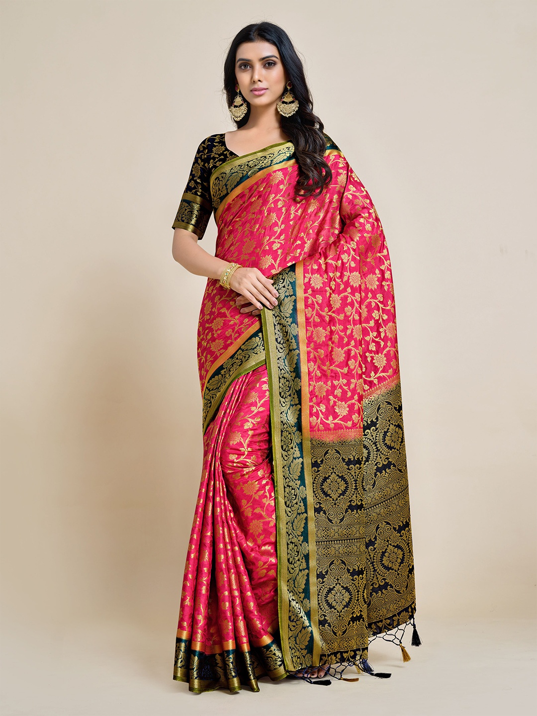 

MIMOSA Pink & Green Ethnic Motifs Art Silk Kanjeevaram Saree