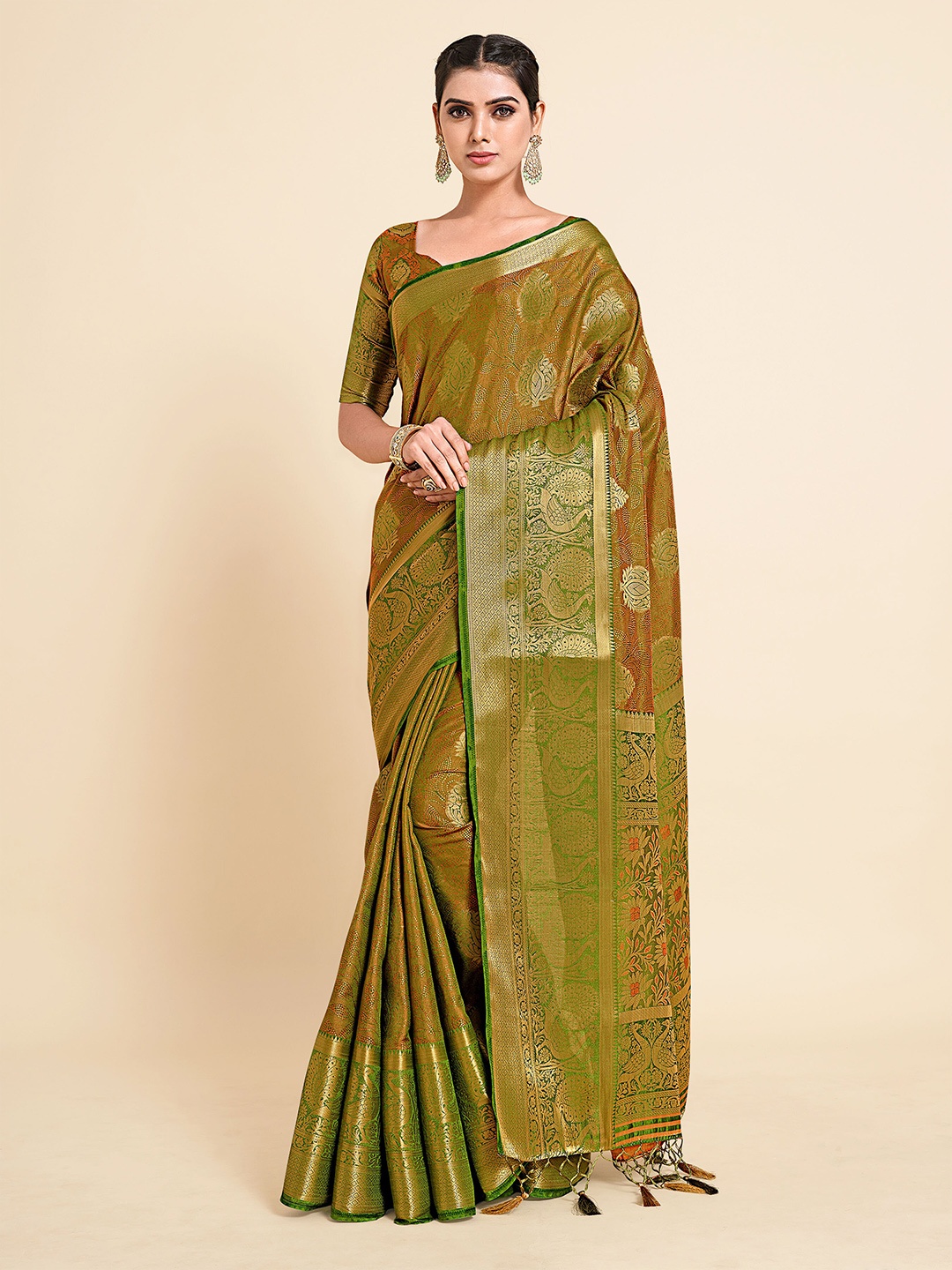 

MIMOSA Olive Green & Gold-Toned Woven Design Zari Art Silk Kanjeevaram Saree