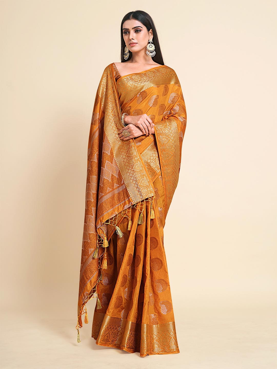 

MIMOSA Mustard & Gold-Toned Paisley Zari Art Silk Kanjeevaram Saree
