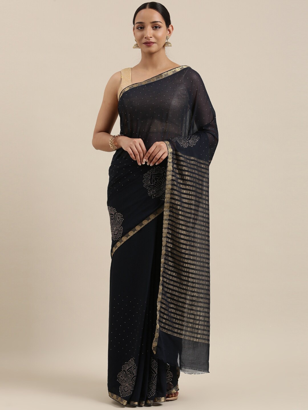 

MIMOSA Black & Gold-Toned Embellished Beads and Stones Banarasi Saree