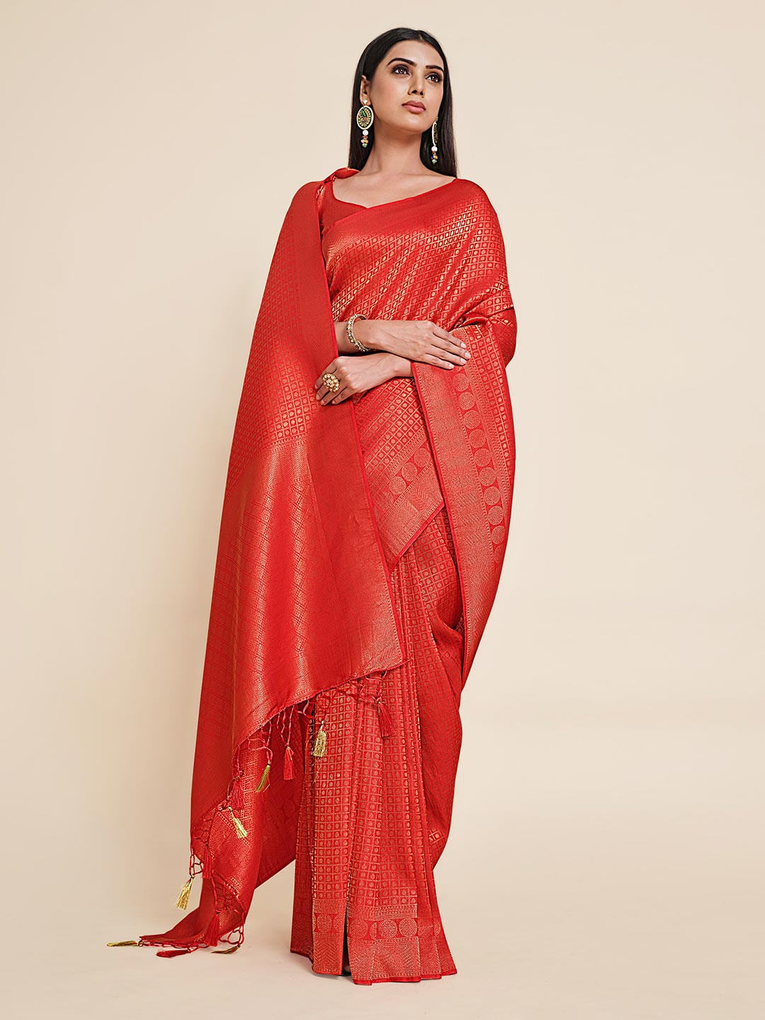 

MIMOSA Red And Gold Toned Woven Design Zari Art Silk Kanjeevaram Saree