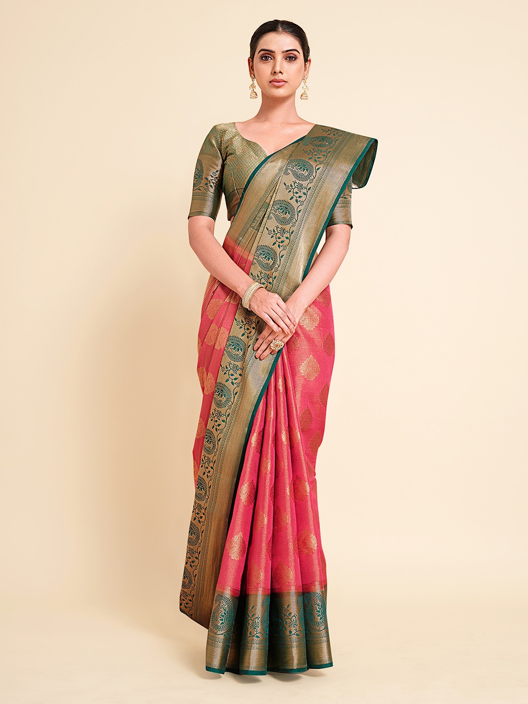 

MIMOSA Pink And Green Ethnic Woven Design Zari Art Silk Kanjeevaram Saree