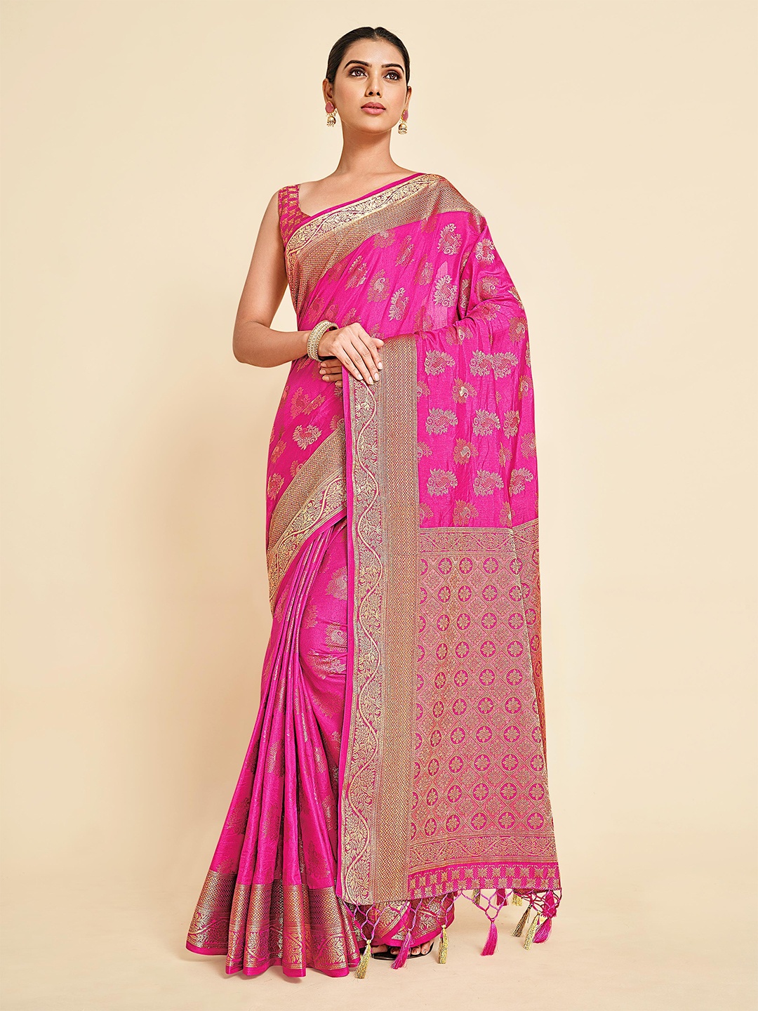 

MIMOSA Pink And Gold Toned Paisley Woven Design Zari Art Silk Kanjeevaram Saree