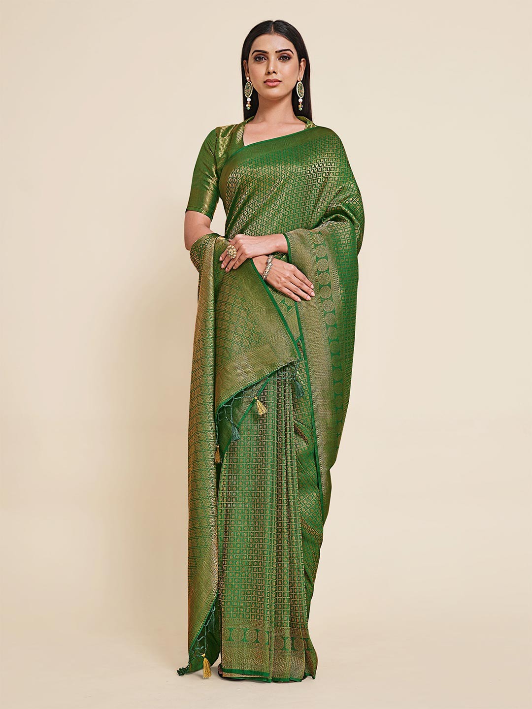 

MIMOSA Green & Gold Toned Woven Design Zari Art Silk Kanjeevaram Saree